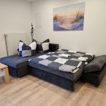 Zur Schlafgelegenheit ausgezogene Couch im Wohnbereich der Ferienwohnung 19a